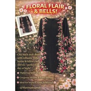 NWT INC International Concepts Floral Shift Dress Black Bell Sleeve Size 6